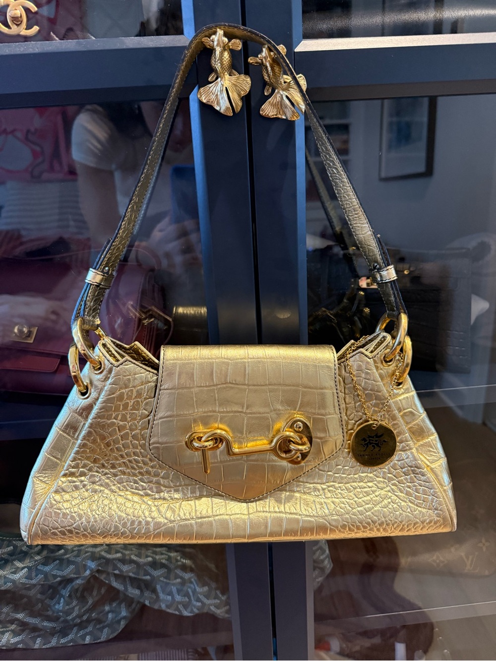 Tanner Krolle London Y2K Gold Croc-Embossed Shoulder Bag with Horsebit Detail